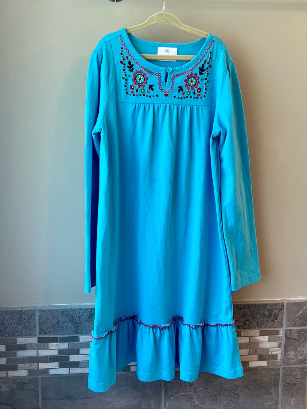 Hanna Andersson Scandi Folk Art Dress Size 130 Embroidered Nordic Blue Knit